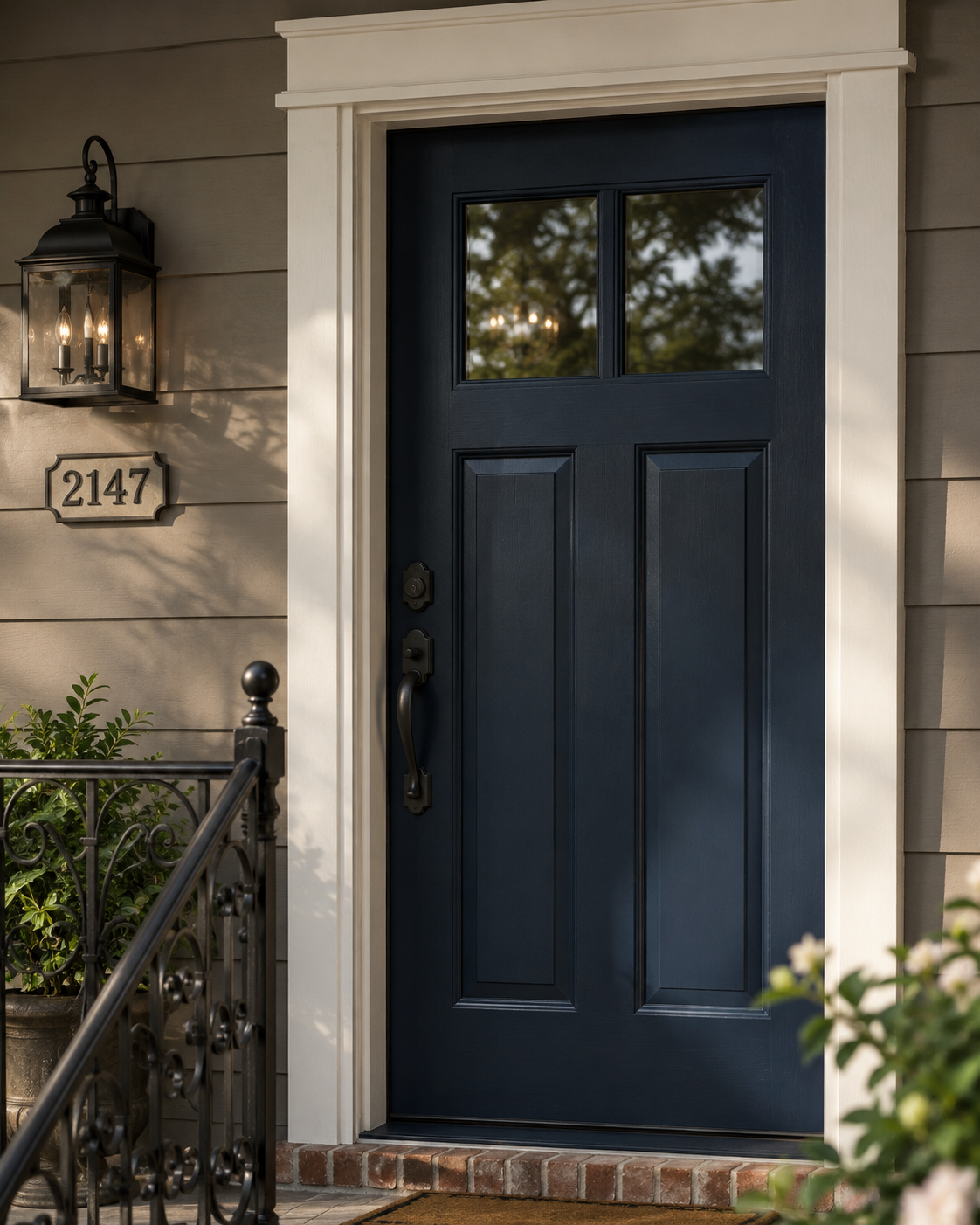Inviting navy door with warm light