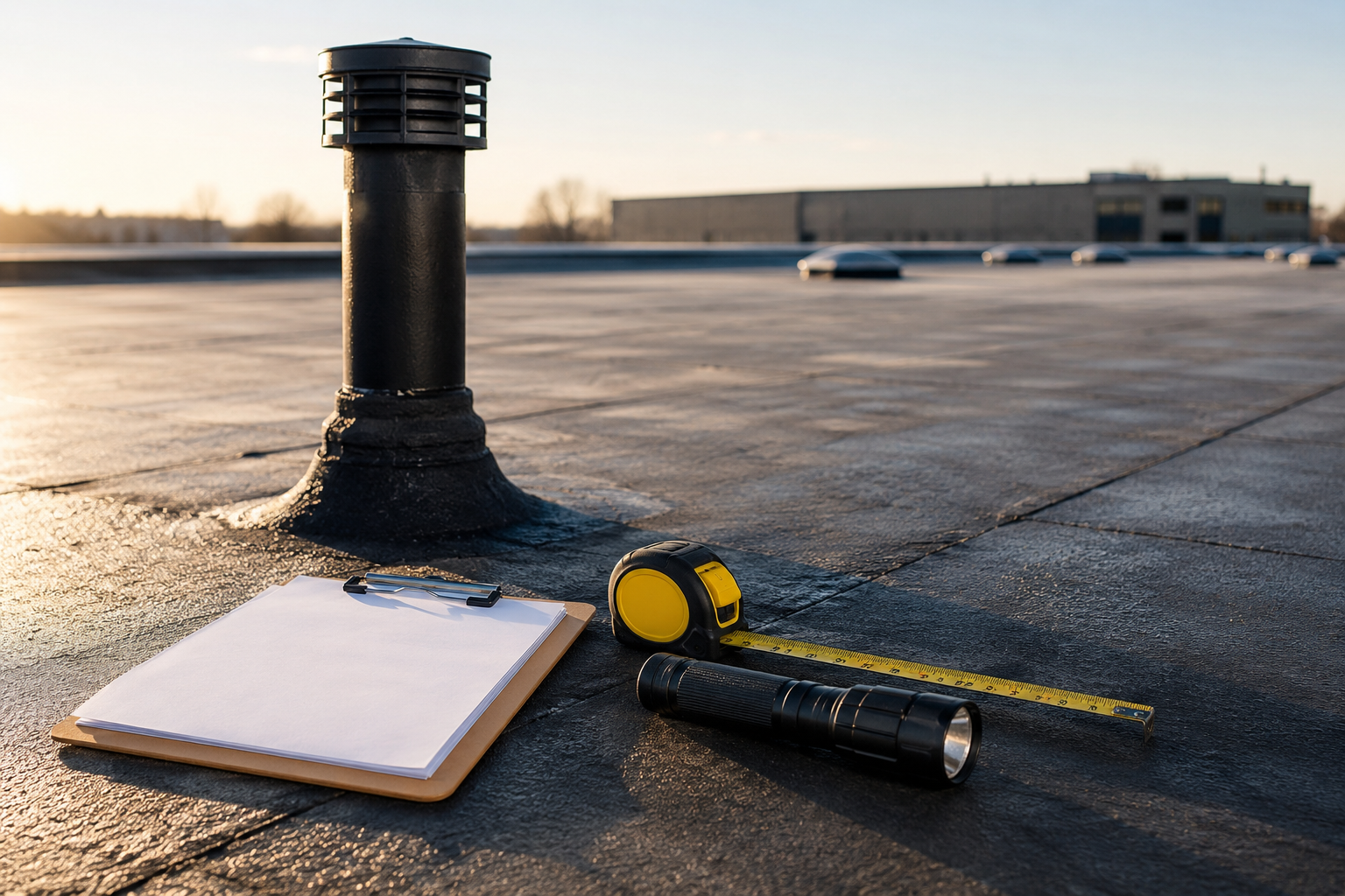Rooftop inspection tools at sunrise