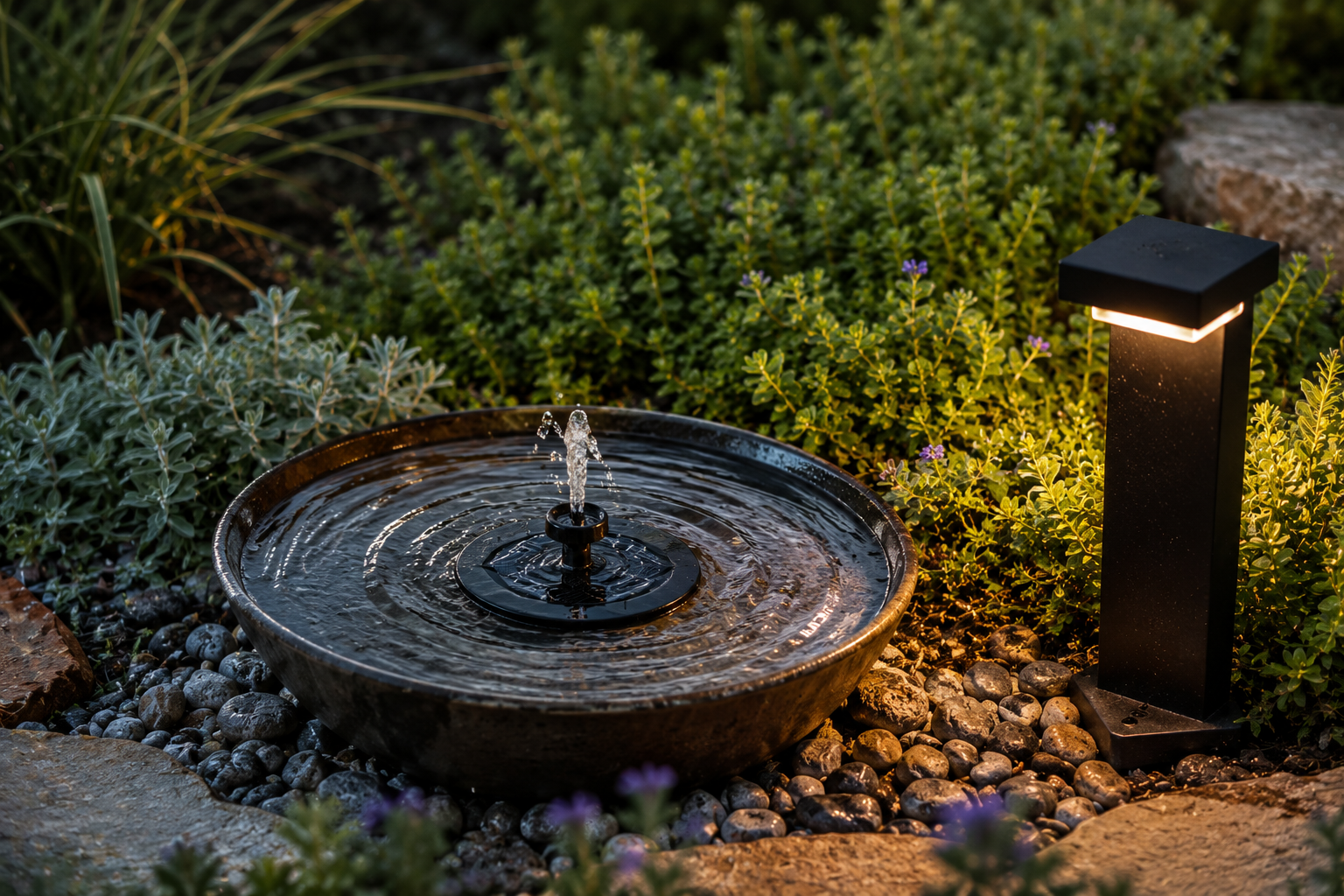 Serene evening garden with fountain