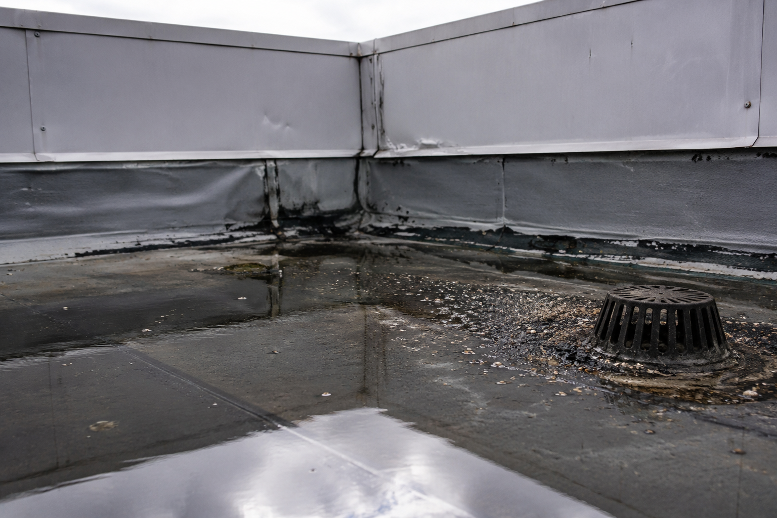 close-up detail shot of a commercial roof membrane corner showing visible wear: cracked flashing, slight ponding water reflecting the sky, and granule debris near a roof drain, natural overcast lighting, realistic textures, no people, no text, no logos, no watermarks, 3:2 aspect ratio.